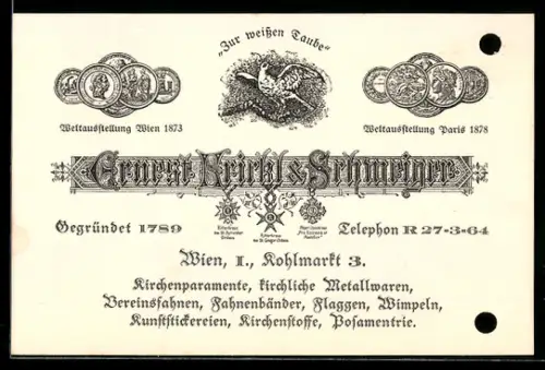 Vertreterkarte Wien, Ernst Brirkl & Schweiger, Kirchenparamente, kirchliche Metallwaren, Kohlmarkt 3