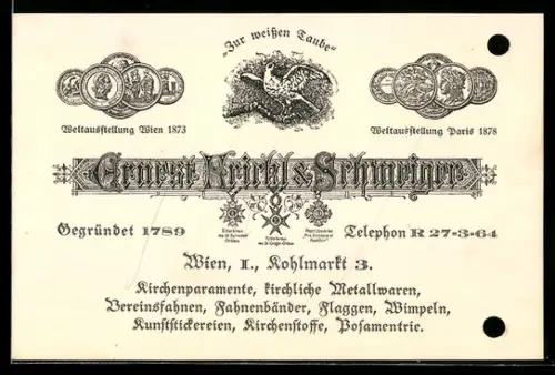 Vertreterkarte Wien, Ernst Brirkl & Schweiger, Kirchenparamente, kirchliche Metallwaren, Kohlmarkt 3