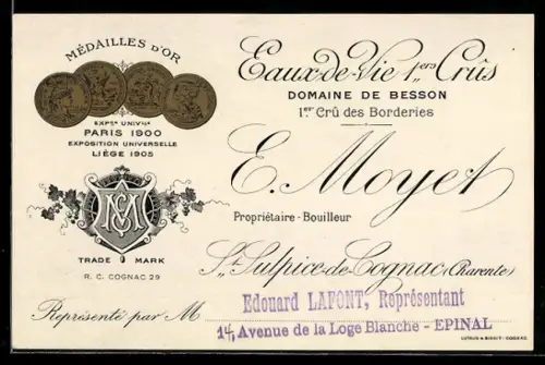 Vertreterkarte St. Sulphice-de-Cognac /Charente, E. Moyet, Eaux de Vue 1ers, Domaine de Besson