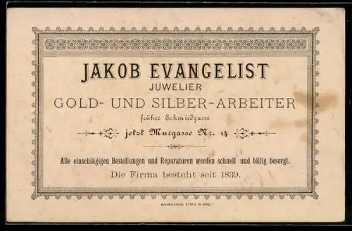 Vertreterkarte Graz, Jakob Evangelist, Juwelier, Gold- und Silber-Arbeiter, Murgasse 14