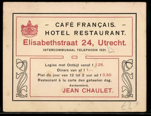 Vertreterkarte Utrecht, Café Francais, Hotel Restaurant, Elisabethstraat 24