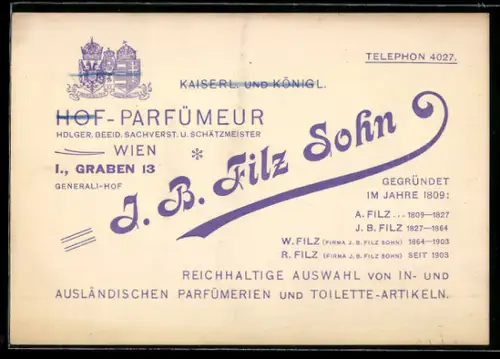 Vertreterkarte Wien, J. B. Filz Sohn, Hof-Parfümeur, Graben 13