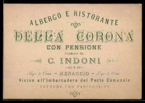 Vertreterkarte Menaggio /Lago di Como, Albergo e Ristorante Della Corona, C. Indoni