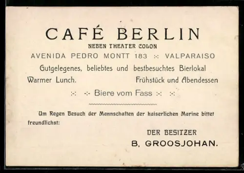 Vertreterkarte Valaparaiso, Café Berlin, Bierlokal, Frühstück u. Abendessen, Avenida Pedro Montt 183