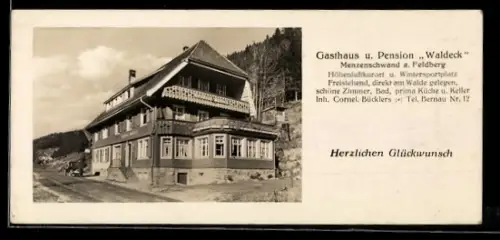 Vertreterkarte Menzenschwand a. Feldberg, Gasthaus u. Pension Waldeck, Blick auf das Gasthaus