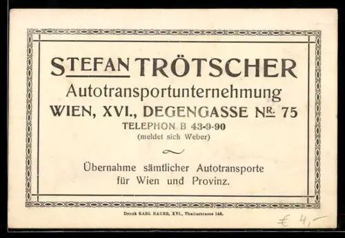 Vertreterkarte Wien, Stefan Trötscher, Autotransportunternehmung, Degengasse 75