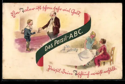 Vertreterkarte Persil-ABC, Persil für die Tischwäsche, Vater gibt dem Sohn 1 Taler