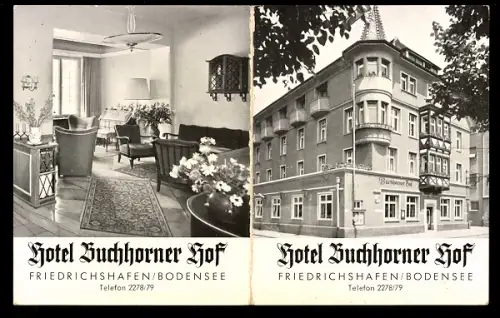 Vertreterkarte Friedrichshafen /Bodensee, Hotel Buchhorner Hof, Aussen- u. Innenansicht vom Hotel