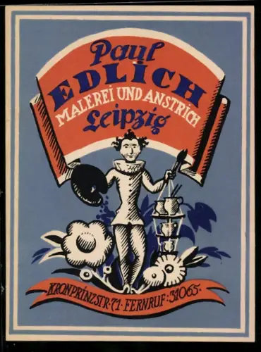 Vertreterkarte Leipzig, Paul Edlich, Malerei und Anstrich, Maler mit Pinsel und Palette
