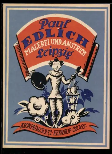 Vertreterkarte Leipzig, Paul Edlich, Malerei und Anstrich, Maler mit Pinsel und Palette