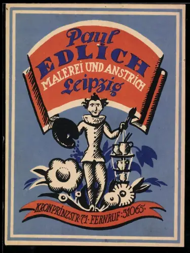 Vertreterkarte Leipzig, Paul Edlich, Malerei und Anstrich, Maler mit Pinsel und Palette