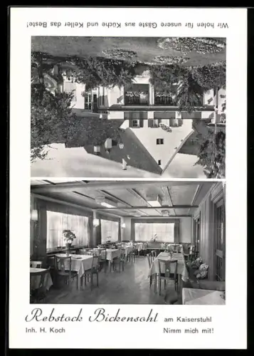 Vertreterkarte Bickensohl am Kaiserstuhl, H. Koch, Weinausschank, Aussen- und Innenansicht