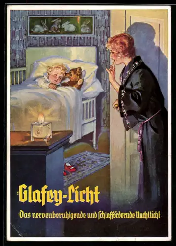 Vertreterkarte Nürnberg, G.A. Glafey, Glafey-Lichte-Spezialfabrik, Frau bringt ihr Kind ins Bett