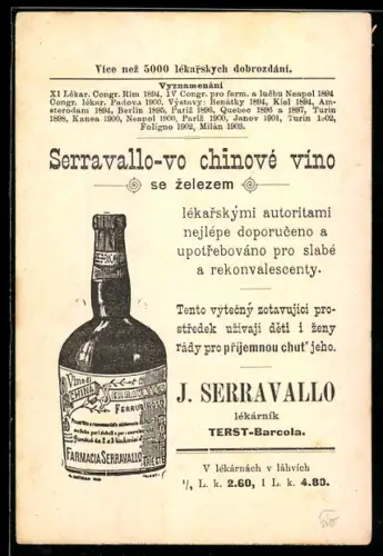 Vertreterkarte Trieste-Barcola, J. Serravallo, Vo chinové víno, Weinflasche und Frau auf Ruderboot
