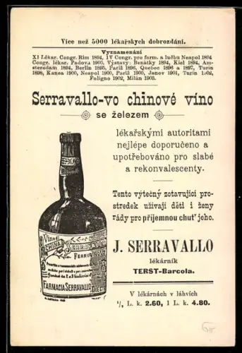 Vertreterkarte Trieste-Barcola, J. Serravallo, Chinové víno, Weinfalsche und Menschen auf Ruderboot