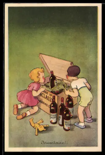 Vertreterkarte Oran /Algérie, F. Sénéclauze Saint-Eugène, Weinflasche und Kinder bei einer Kiste Wein