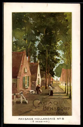 Vertreterkarte Amsterdam, Bensdorp Cacao et Chocolat, Ortspartie mit Wohnhäusern