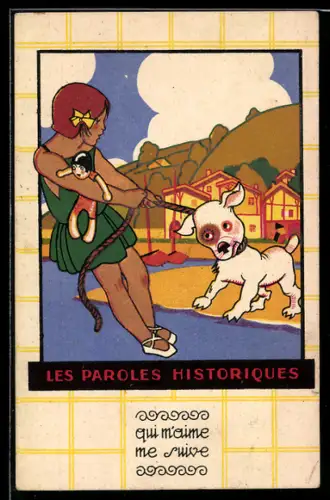 Vertreterkarte Paris, Chaussures Raoul, Rue de Rivoli 96, Kind spielt mit einem Hund