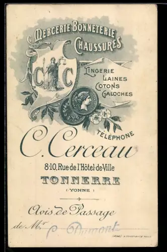 Vertreterkarte Tonnerre, C. Cerceau, Mercerie Bonneterie Chaussures, Rue de l`Hôtel-de-Ville, Geschäftswappen und Münzen