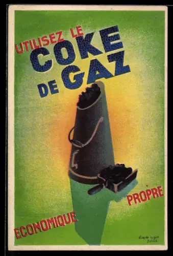 Vertreterkarte Coke de Gaz, Combustible Francais, Behälter mit Kohle und einer Schaufel