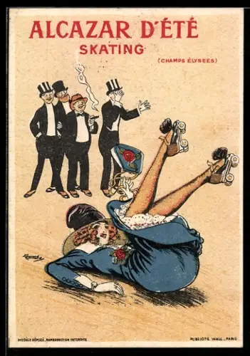 Vertreterkarte Paris, Champs-Élysées, Skating, concert, attractions, Frau auf Rollschuhen fällt vor den Augen von Herren