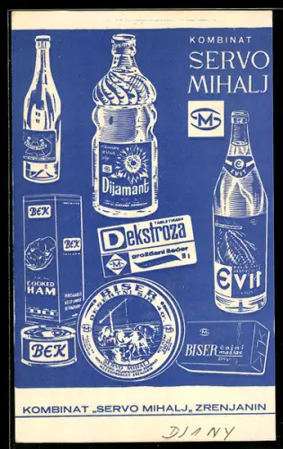Vertreterkarte Kombinat Servo Mihalj Zrenjanin, Verschiedene Getränke und Konservenessen