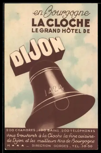 Vertreterkarte Dijon, Le Grand Hôtel de Dijon, Glocke und Entfernung des Ortes von anderen Städten