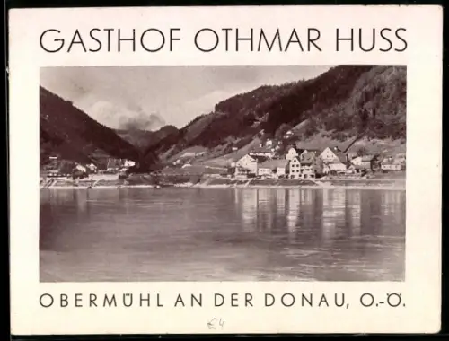 Vertreterkarte Obermühle an der Donau, Gasthof Othmar Huss, Uferpartie und Pensionspreise