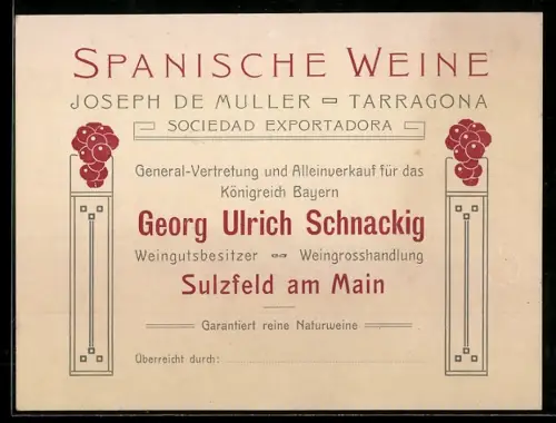 Vertreterkarte Sulzfeld am Main, Joseph Müller, Spanische Weine, Sociedad Exportadora, mit Preisliste