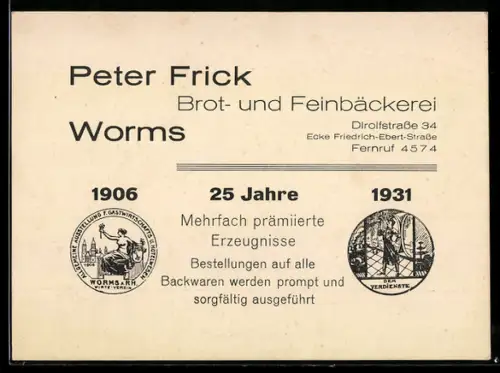 Vertreterkarte Worms, Peter Frick, Brot- und Feinbäckerei, Dirolfstr. 34, Wappen der Ausstellung für Gastwirtschaft 1906