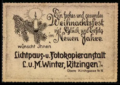 Vertreterkarte Kitzingen a. M., L.u.M. Winter, Lichtpaus.- und Fotokopieranstalt, Kerze auf Tannenzweigen