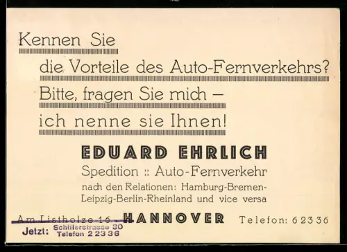 Vertreterkarte Hannover, Eduard Ehrlich, Spedition für Auto-Fernverkehr