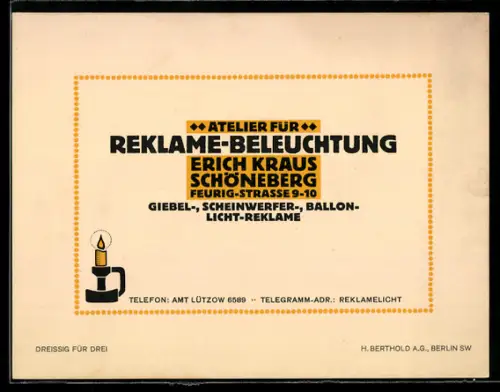 Vertreterkarte Schöneberg, Erich Kraus, Atelier für Reklame-Beleuchtung, Feurig-Strasse 9-10, Kerze in einem Halter