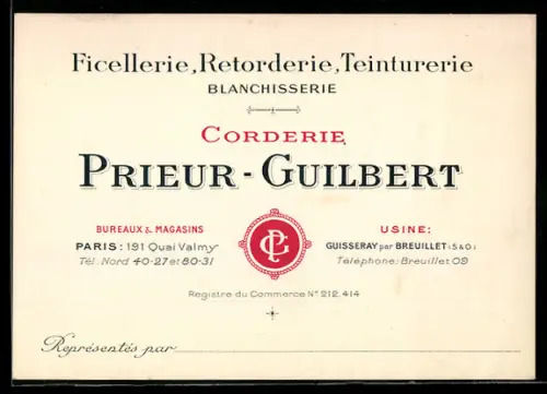 Vertreterkarte Paris, Corderie Prieur-Guilbert, 191 Quai Valmy, Firmenlogo