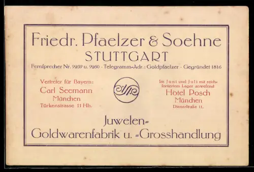 Vertreterkarte München, Friedr. Pfaelzer & Söhne, Juwelen- und Goldwarenfabrik und Grosshandlung, Firmenlogo