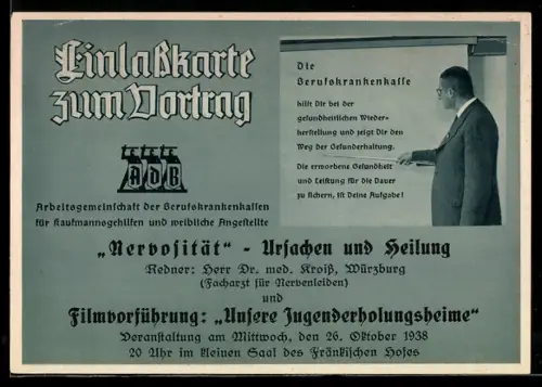 Vertreterkarte Würzburg, Arbeitsgemeinschaft der Berufskrankenkassen für weibliche Angestellte, Mann beim Vortrag