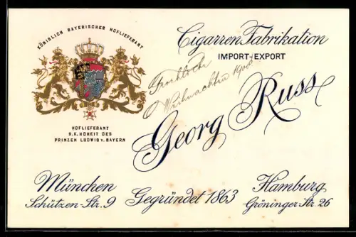 Vertreterkarte Hamburg, Georg Russ, Cigarren-Fabrikation, Schützen-Str. 9, mit Wappen des Kgr. Bayern
