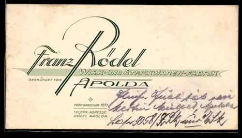 Vertreterkarte Apolda, Franz Rödel, Wirk- und Strickwaren-Fabrik, Firmenlogo