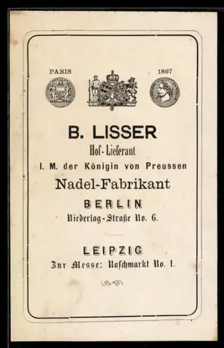 Vertreterkarte Berlin, B. Lisser, Nadel-Fabrikant, Niederlag-Strasse 6, Münzen und Wappen