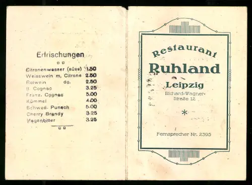 Vertreterkarte Leipzig, Restaurant Ruheland, Richard Wagner Strasse 12, Preisliste