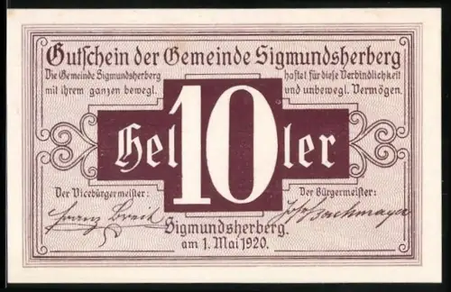 Notgeld Sigmundsherberg 1920, 10 Heller, dekorative Schrift und Verzierungen