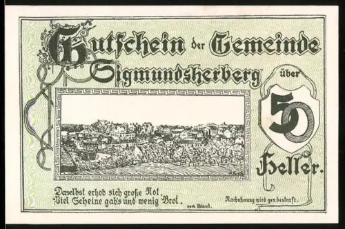 Notgeld Sigmundsherberg 1920, 50 Heller, Ortsansicht mit Landschaftsmotiv