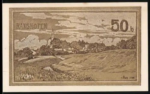 Notgeld Ranshofen 1920, 50 Heller, Dorflandschaft mit Kirche und Feldern