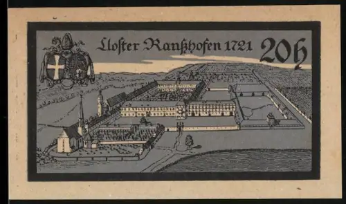 Notgeld Ranshofen 1920, 20 Heller, Klosteransicht mit Wappen