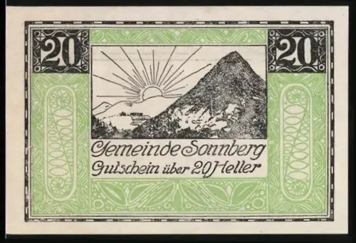 Notgeld Sonnberg 1920, 20 Heller, Sonnenaufgang über Berglandschaft
