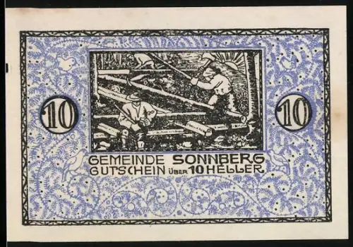 Notgeld Sonnberg 1920, 10 Heller, Holzfäller beim Holzfällen im Wald