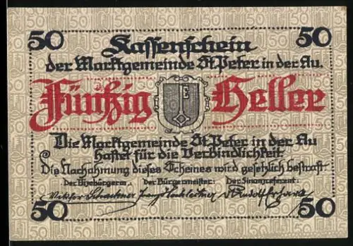 Notgeld St. Peter i.d. Au 1920, 50 Heller, Landschaft mit Kirche und Wappen