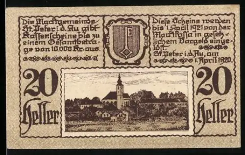 Notgeld St. Peter i.d. Au 1920, 20 Heller, Landschaft mit Kirche und Wappen