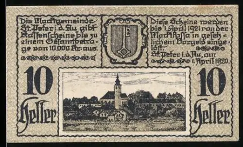 Notgeld St. Peter i.d. Au 1920, 10 Heller, Landschaft mit Kirche und Wappen