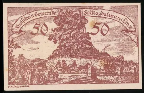 Notgeld St. Magdalena bei Linz, 50 Heller, ländliche Szene mit Baum und Kutsche